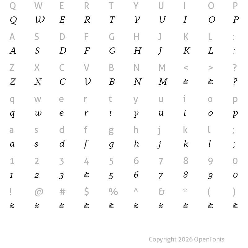 Character Map of FONTSPRING DEMO - Anaphora Italic