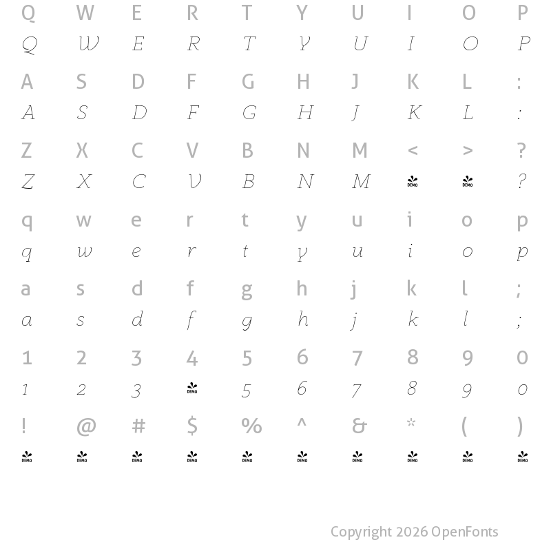 Character Map of FONTSPRING DEMO - Anaphora Thin Italic