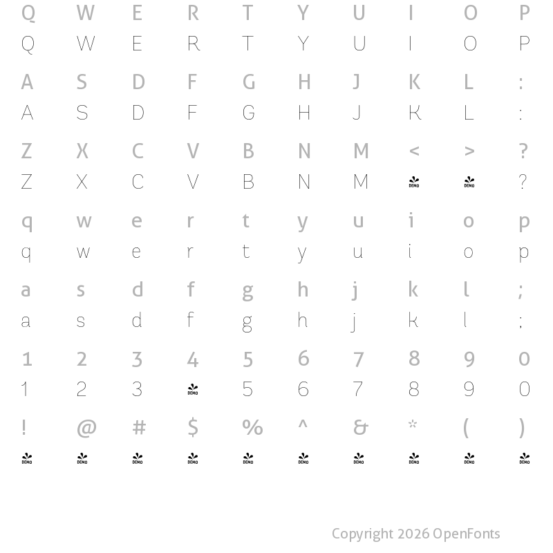 Character Map of FONTSPRING DEMO - Andes Rounded UltraLight UltraLight