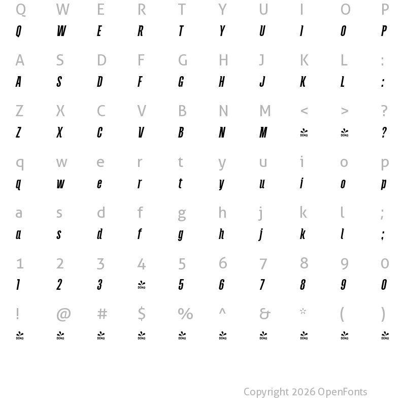 Character Map of FONTSPRING DEMO - Andove Bold Italic