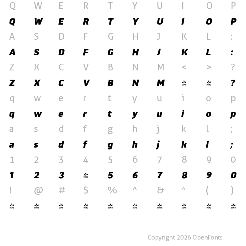 Character Map of FONTSPRING DEMO - Aneba Neue Bold Italic