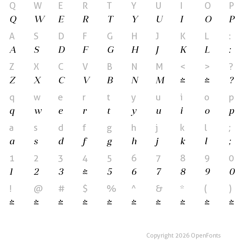 Character Map of FONTSPRING DEMO - Anglecia Pro Tit Italic