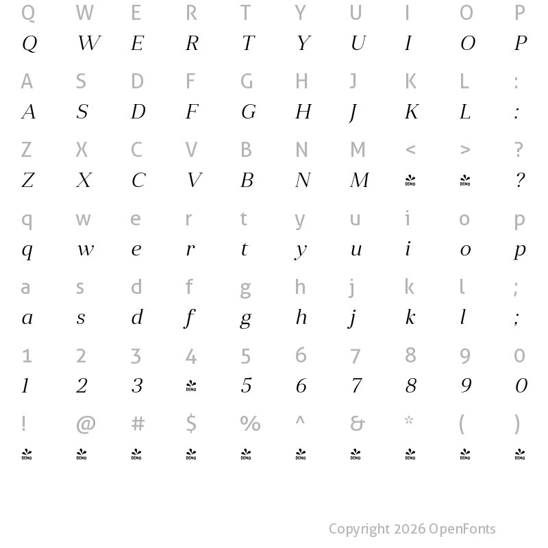 Character Map of FONTSPRING DEMO - Anglecia Pro Tit Lt Italic