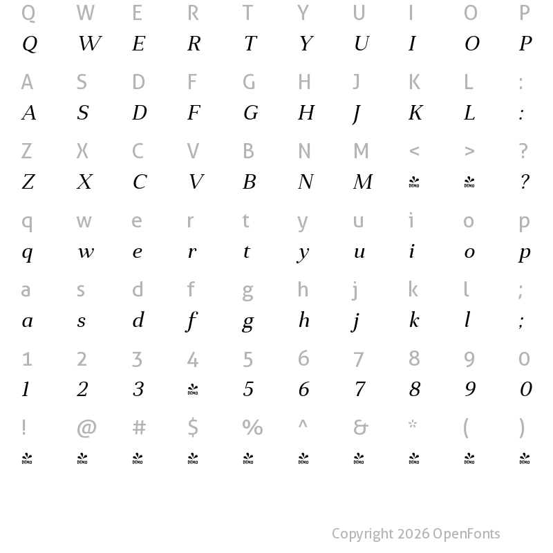 Character Map of FONTSPRING DEMO - Anglecia Pro Txt Italic