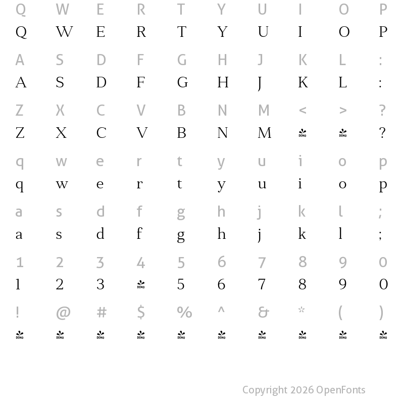 Character Map of FONTSPRING DEMO - Anglecia Pro Txt Lt Regular