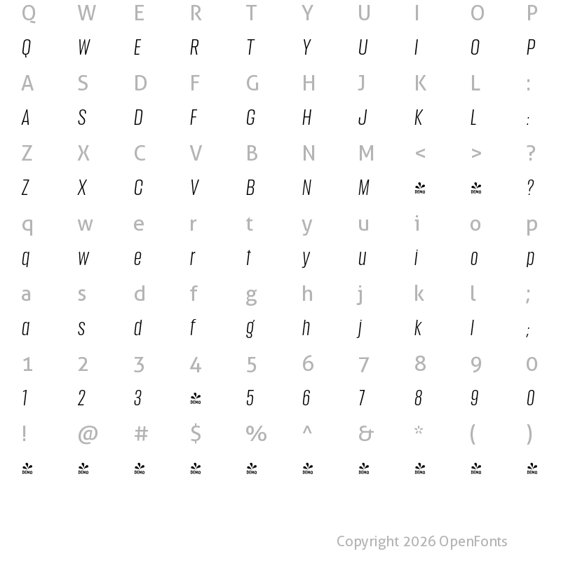 Character Map of FONTSPRING DEMO - Anguita Sans It Regular