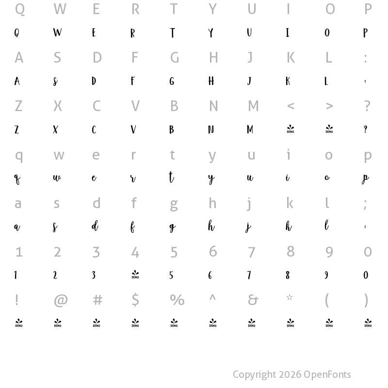 Character Map of FONTSPRING DEMO - Anindita Script Bold Bold