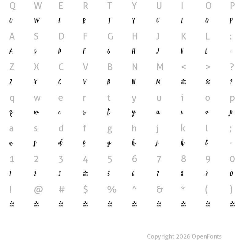 Character Map of FONTSPRING DEMO - Anindita Slant Bold Bold