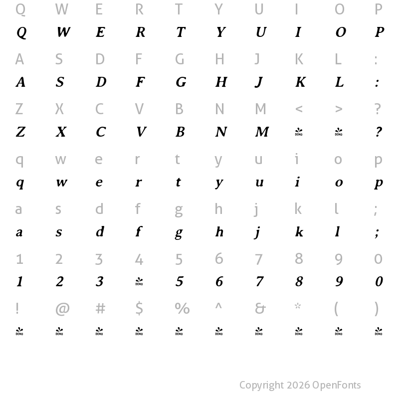 Character Map of FONTSPRING DEMO - Annexxus Italic