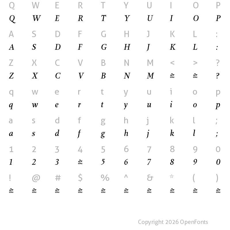 Character Map of FONTSPRING DEMO - Anthea PRO Book Italic