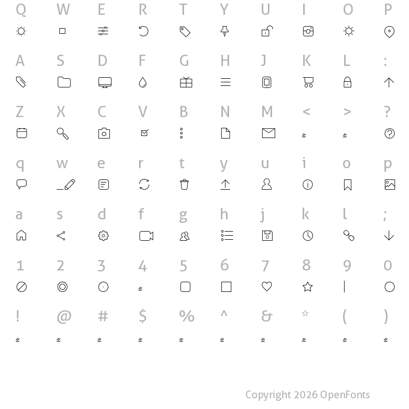 Character Map of FONTSPRING DEMO - Antipasto Icons ExtraLight Regular
