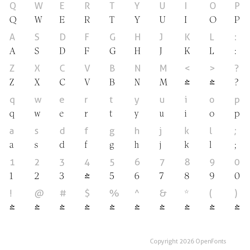 Character Map of FONTSPRING DEMO - Antonia H1 Light Regular
