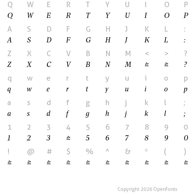 Character Map of FONTSPRING DEMO - Antonia H2 Italic