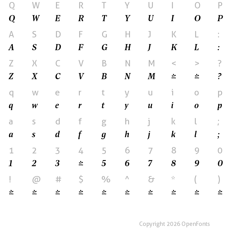 Character Map of FONTSPRING DEMO - Antonia H2 SemiBold Italic