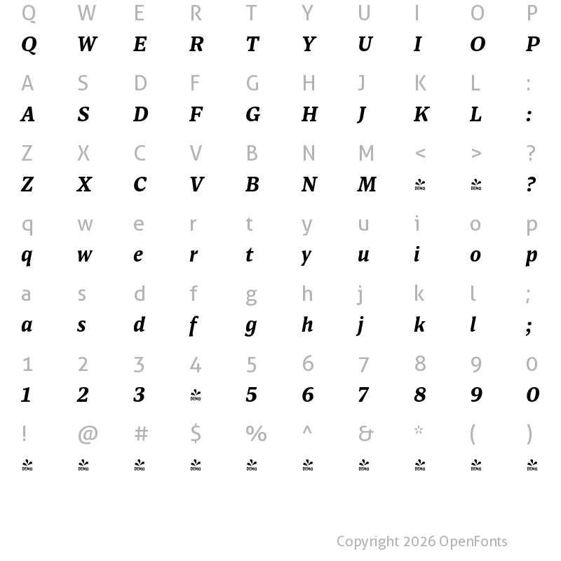 Character Map of FONTSPRING DEMO - Antonia H3 Bold Italic