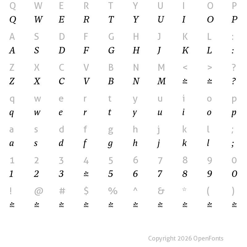 Character Map of FONTSPRING DEMO - Antonia H3 Italic