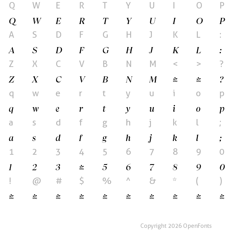 Character Map of FONTSPRING DEMO - Apparel Bold It Regular