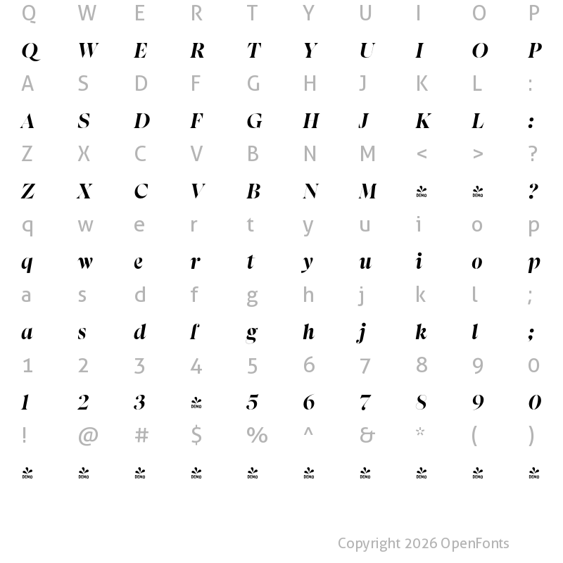 Character Map of FONTSPRING DEMO - Apparel Display Black It Regular