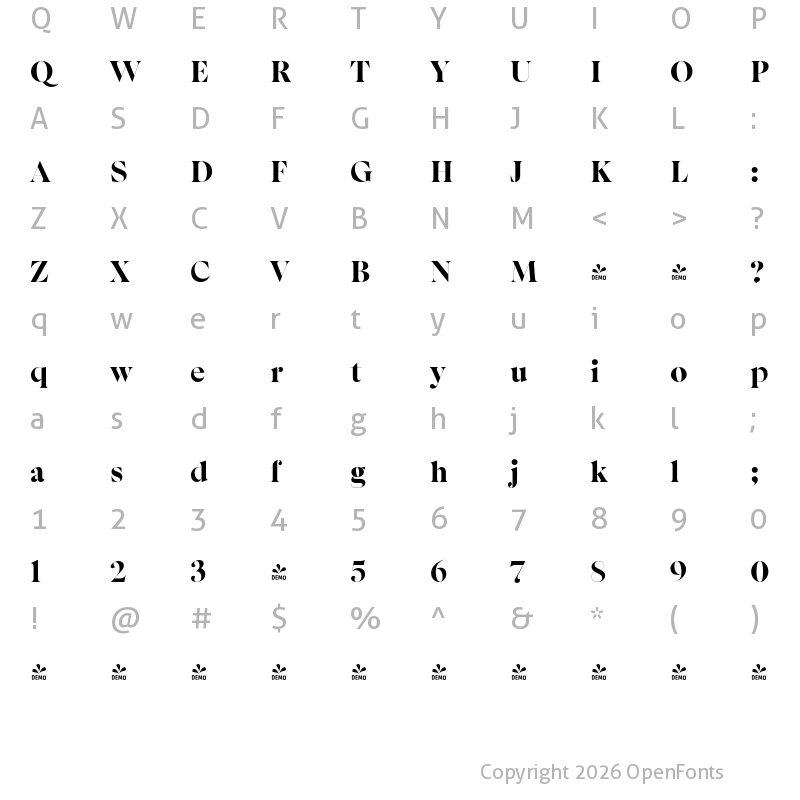 Character Map of FONTSPRING DEMO - Apparel Display Black Regular