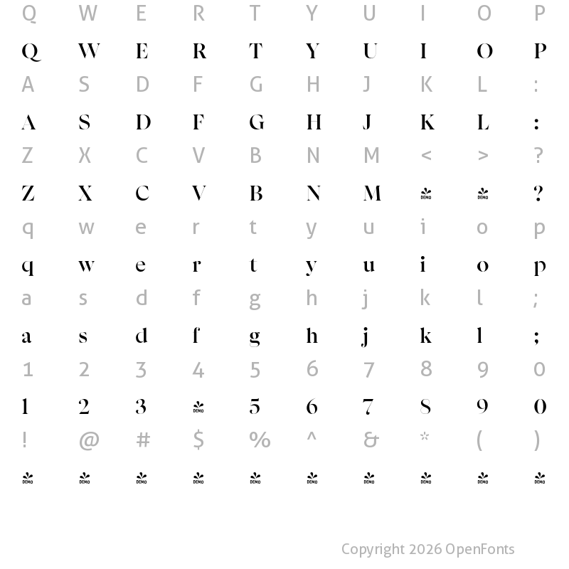 Character Map of FONTSPRING DEMO - Apparel Display Bold Regular