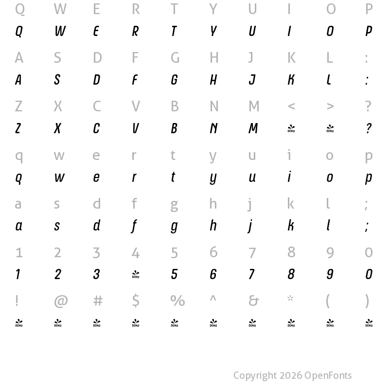 Character Map of FONTSPRING DEMO - ApronSoft Cn Rg Italic