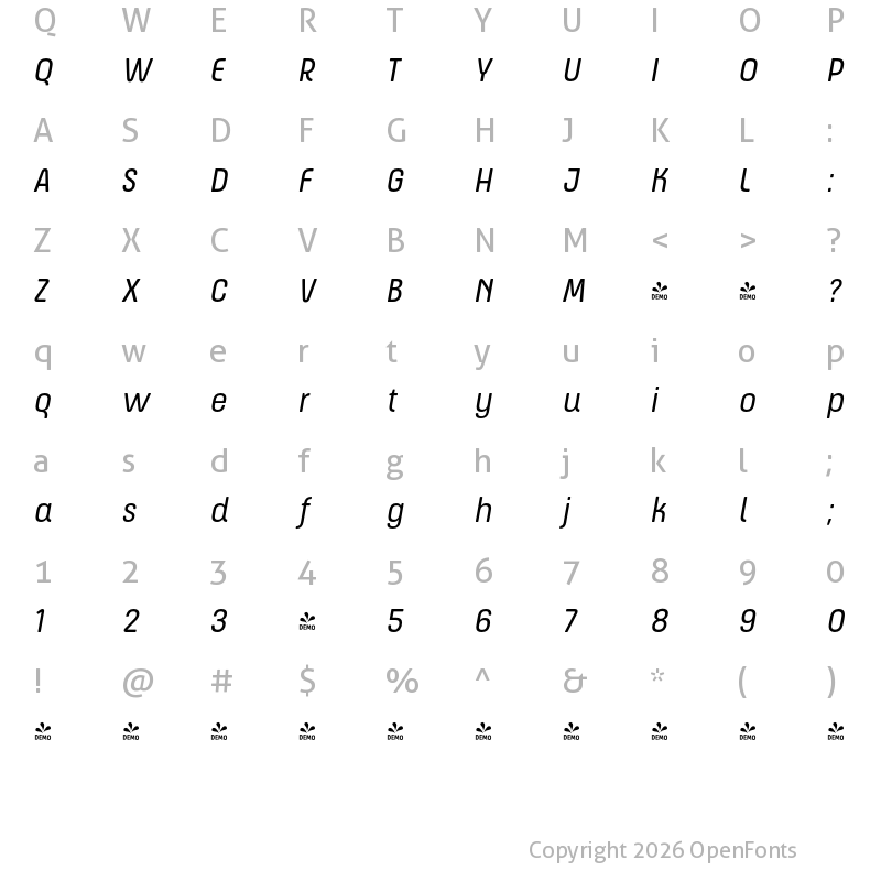 Character Map of FONTSPRING DEMO - ApronSoft Nr Bk Italic
