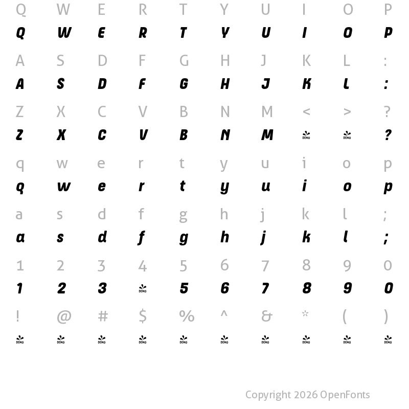 Character Map of FONTSPRING DEMO - ApronSoft Nr Hv Italic