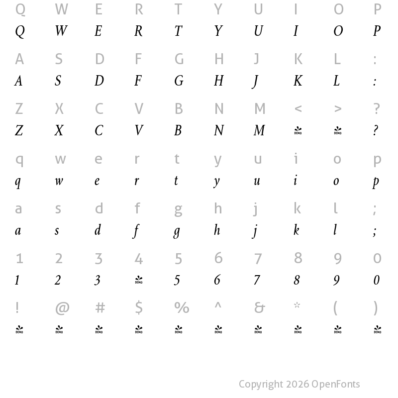 Character Map of FONTSPRING DEMO - Aragon Condensed Italic