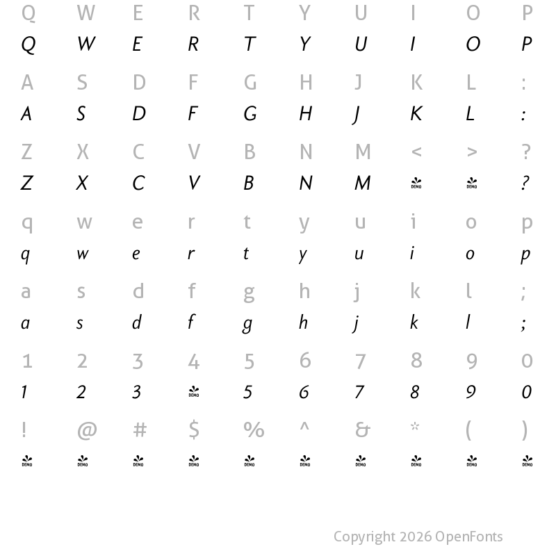 Character Map of FONTSPRING DEMO - Aragon Sans Italic