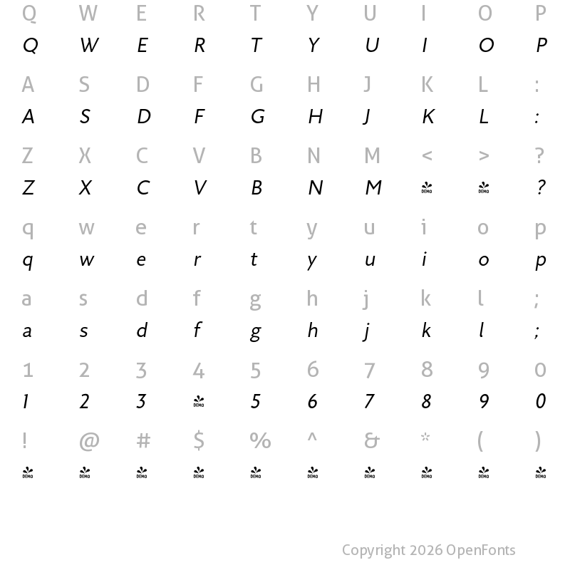 Character Map of FONTSPRING DEMO - Arazati Clara Italic
