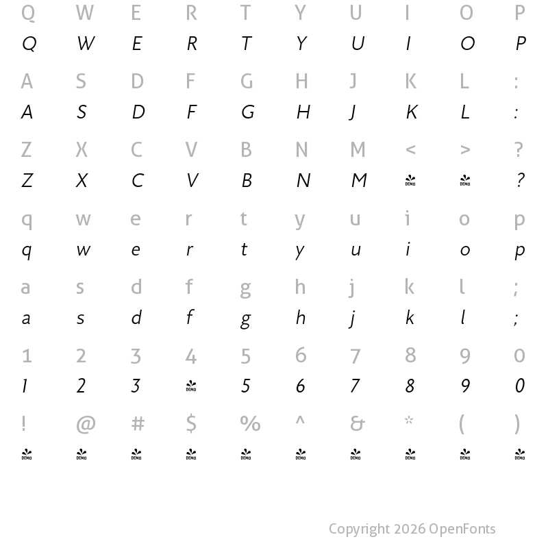 Character Map of FONTSPRING DEMO - Arazati Clarita Italic