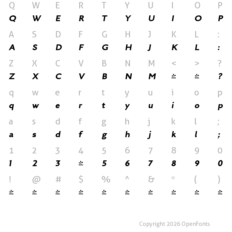 Character Map of FONTSPRING DEMO - Arazati Extranegra Expandida Italic