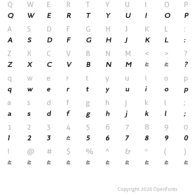 Character Map of FONTSPRING DEMO - Arazati Negrita Expandida Italic