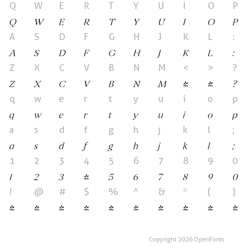 Character Map of FONTSPRING DEMO - Archeron Pro Light Italic