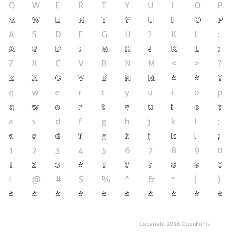 Character Map of FONTSPRING DEMO - Arezzo Pro Outline Bold