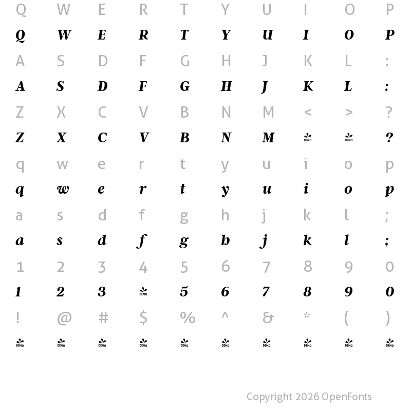 Character Map of FONTSPRING DEMO - Argent CF Bold Italic