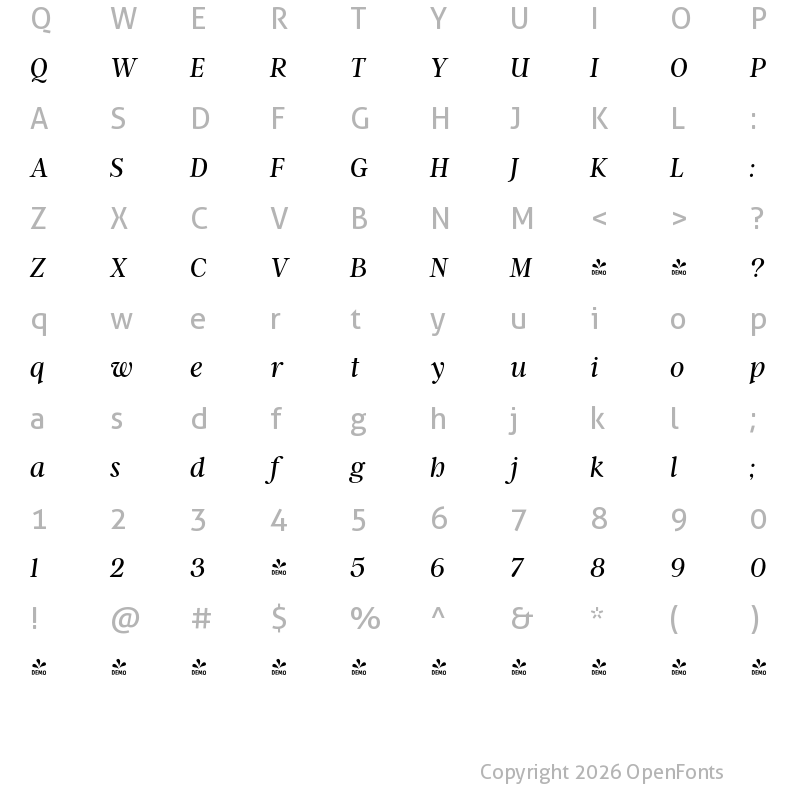 Character Map of FONTSPRING DEMO - Argent CF Light Italic