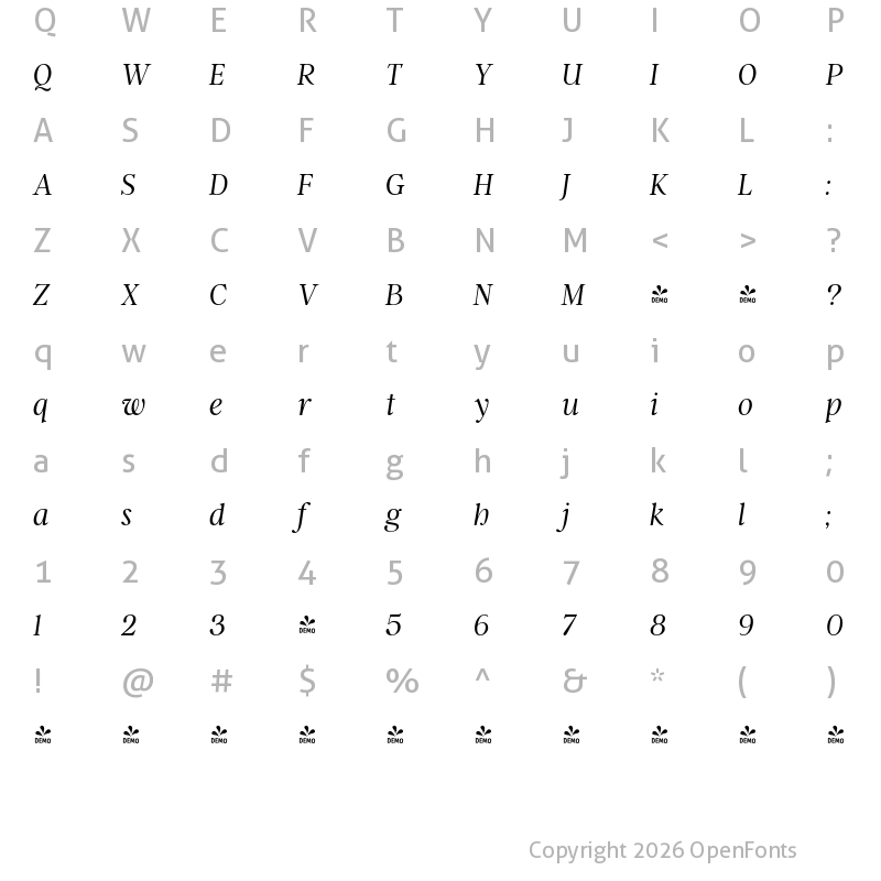Character Map of FONTSPRING DEMO - Argent CF Thin Italic