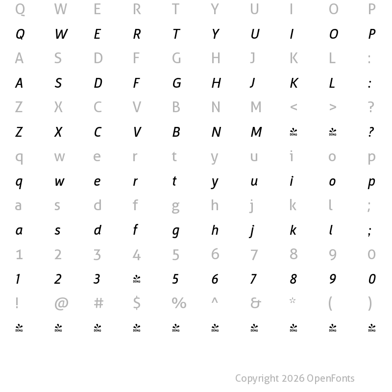 Character Map of FONTSPRING DEMO - Argumentum Italic