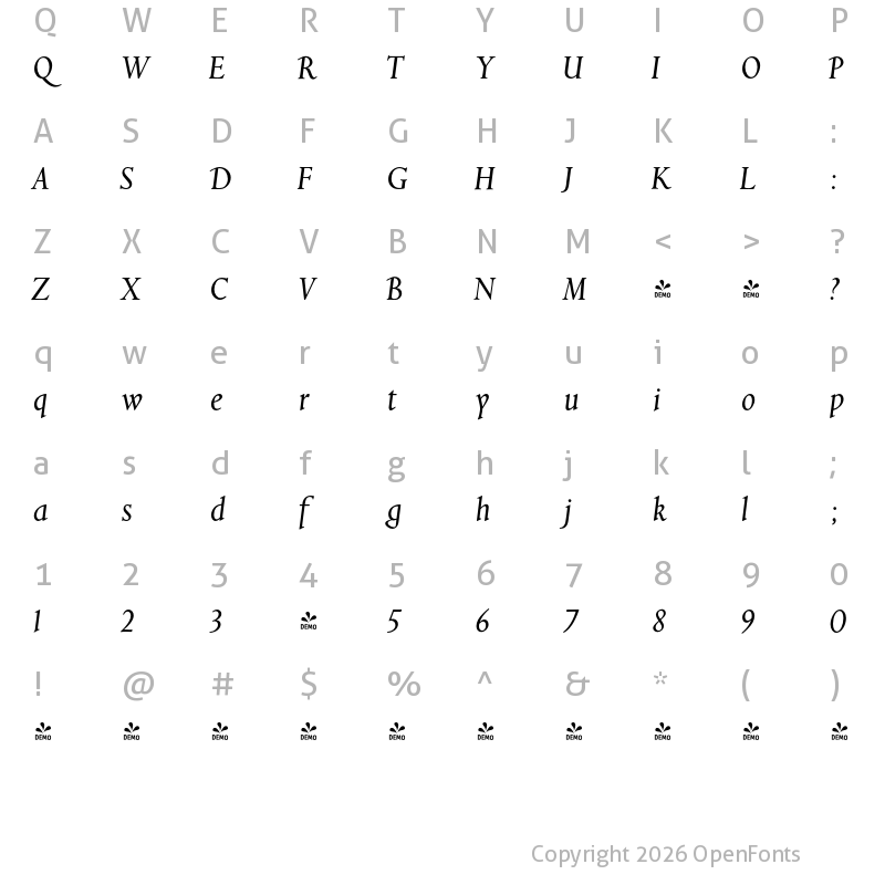 Character Map of FONTSPRING DEMO - Aries Ranging Figs Italic Regular