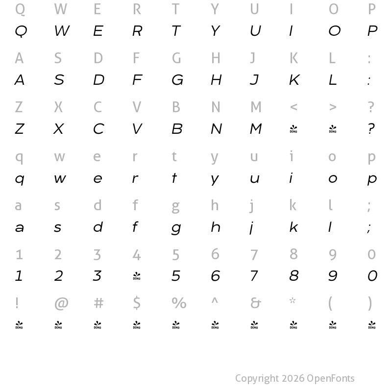Character Map of FONTSPRING DEMO - Arkibal Display Rg Medium Italic