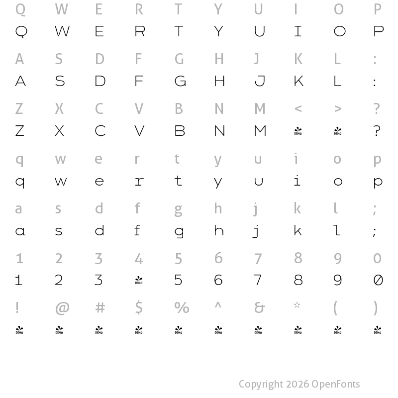 Character Map of FONTSPRING DEMO - Arkibal Mono Lt Regular