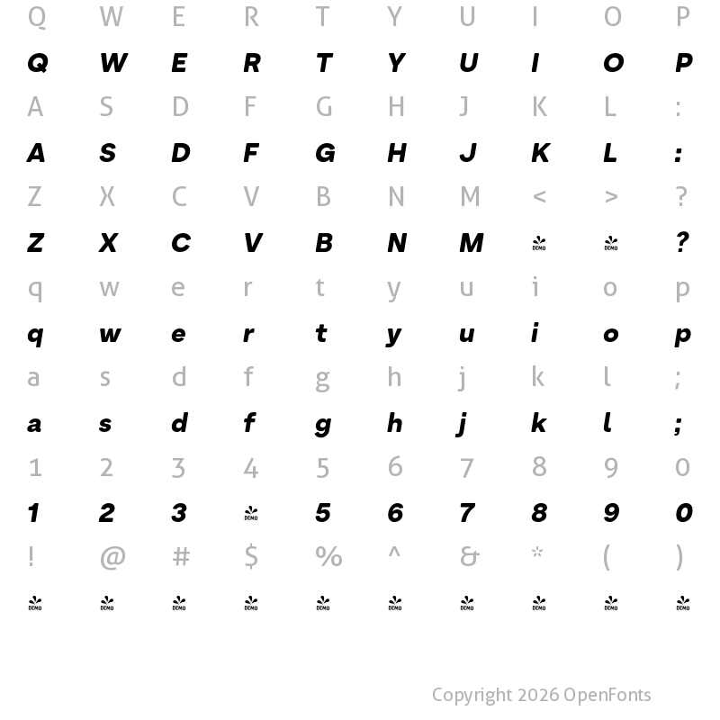 Character Map of FONTSPRING DEMO - Armin Soft Bold Italic