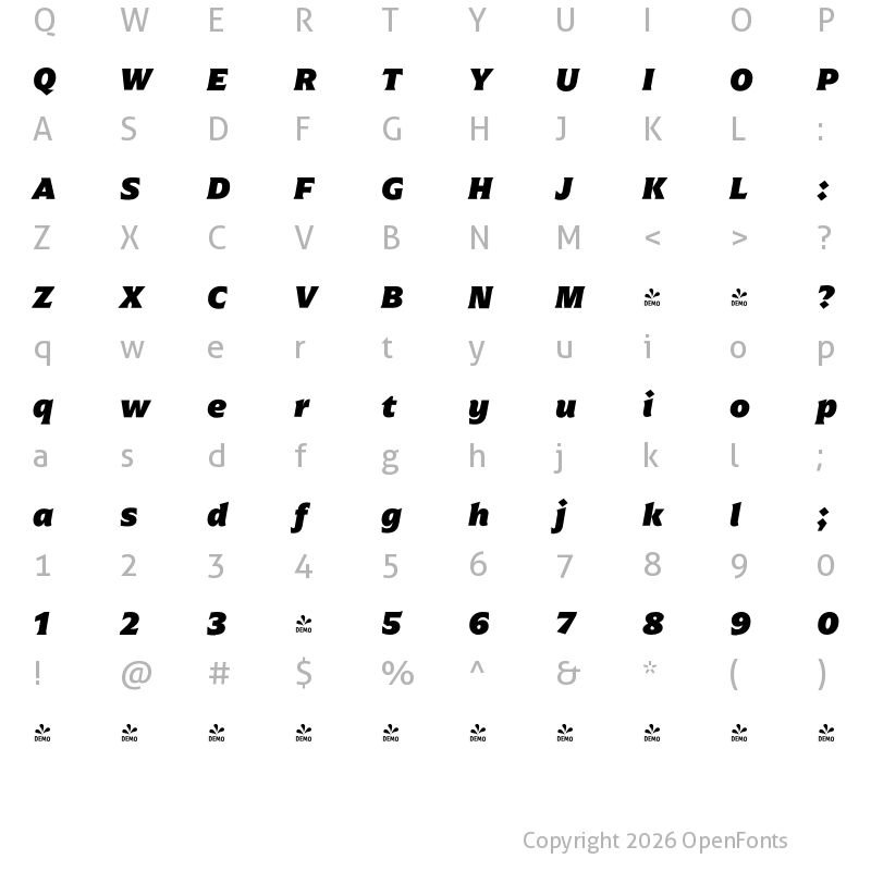 Character Map of FONTSPRING DEMO - Arpona Black Italic