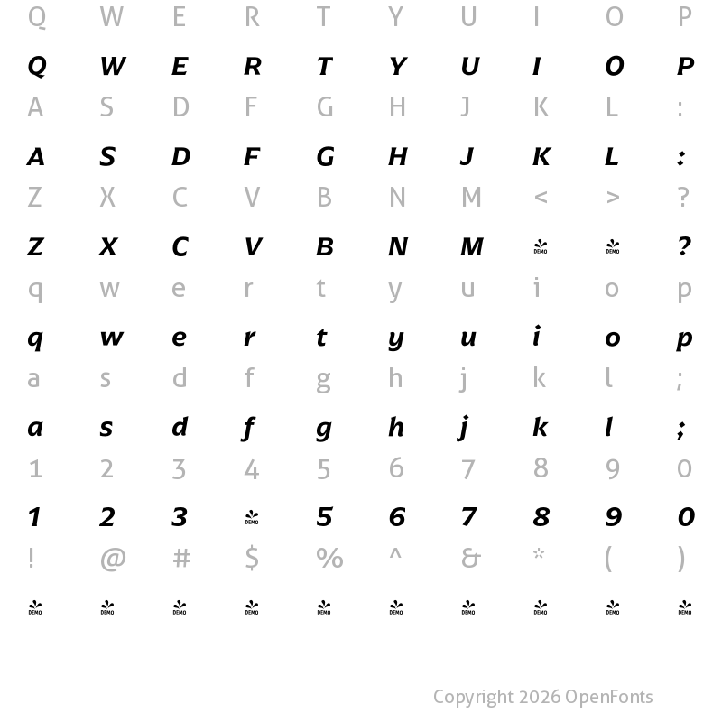 Character Map of FONTSPRING DEMO - Arpona SemiBold Italic