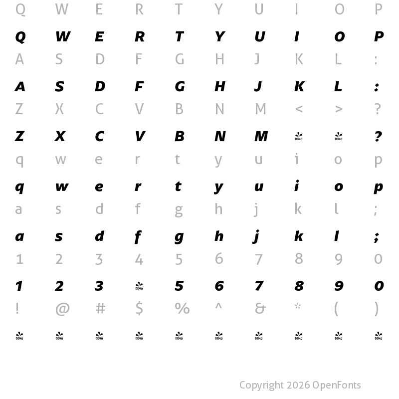 Character Map of FONTSPRING DEMO - ArponaSans Bold Italic