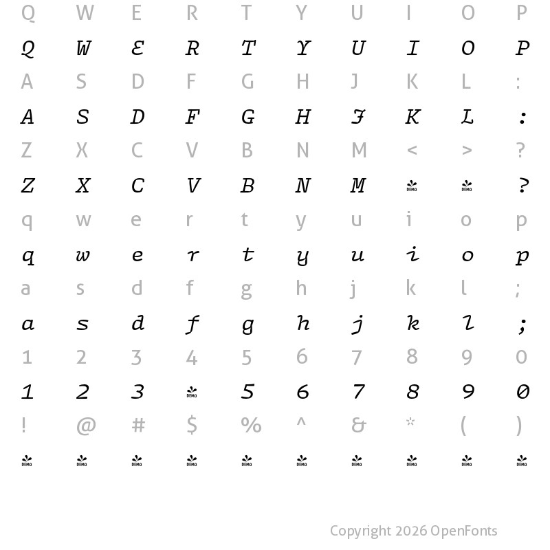 Character Map of FONTSPRING DEMO - Array Mono Italic