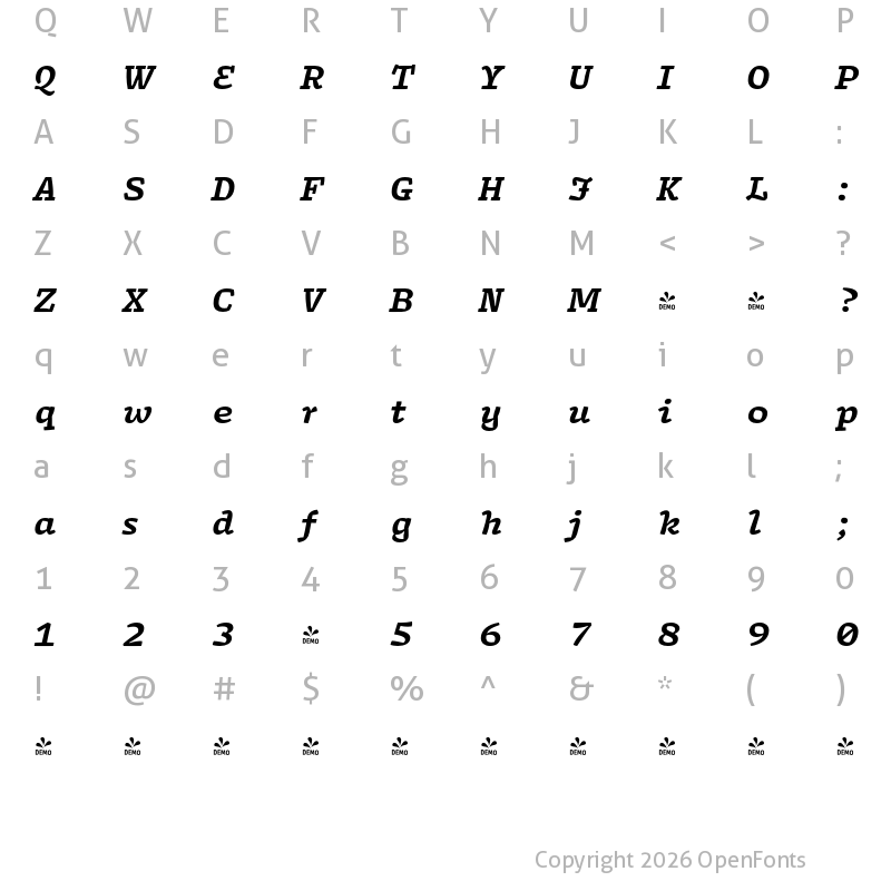 Character Map of FONTSPRING DEMO - Array Proportional Bold Italic