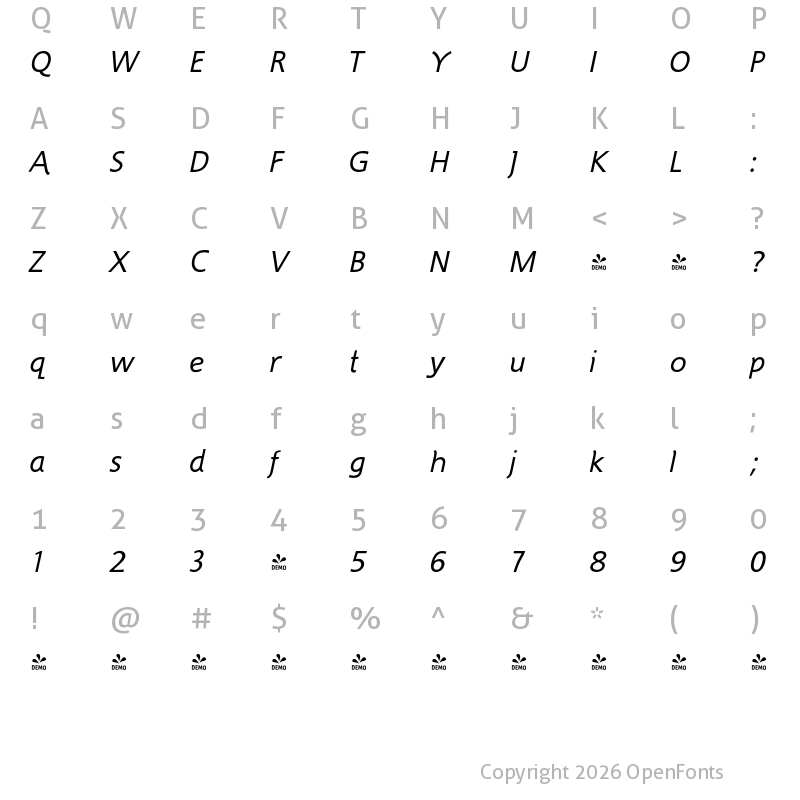 Character Map of FONTSPRING DEMO - Artemis JY Italic