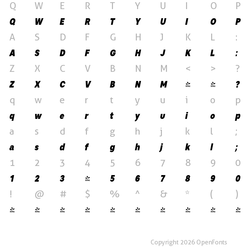 Character Map of FONTSPRING DEMO - Artico Condensed Black Italic